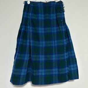 Aljean of Canada PURE VIRGIN Wool Wrap Skirt Womens 6 Green Blue Plaid Fringe